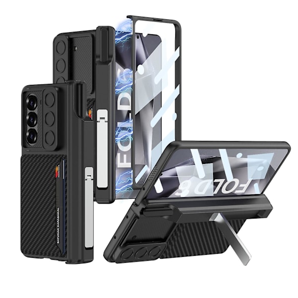 Kotelo Samsung Galaxy Z Fold 6:lle S Pen -pidikkeellä, sisäänrakennetulla näytönsuojalla, jalustalla, kokovartalokotelo kameran suojuksella ja korttipaikalla