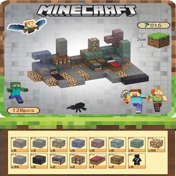 Minecraft rakennuspalikat, sisältää 128 kuusikulmaista magneettilelua ja 6 hahmoa Ore House