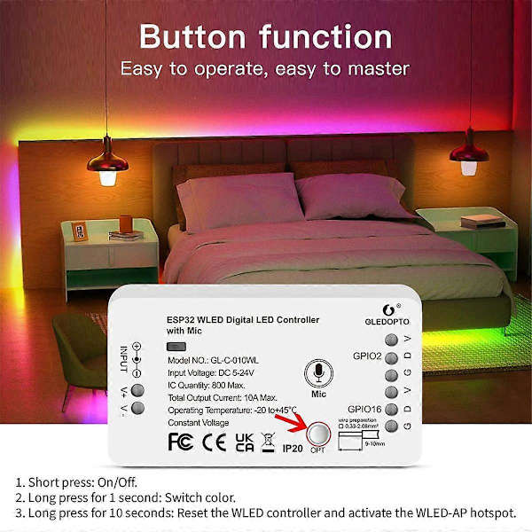 ESP32 WLED LED-controller med mikrofon UART Download Dynamiske lystilstande til LED-strip lys