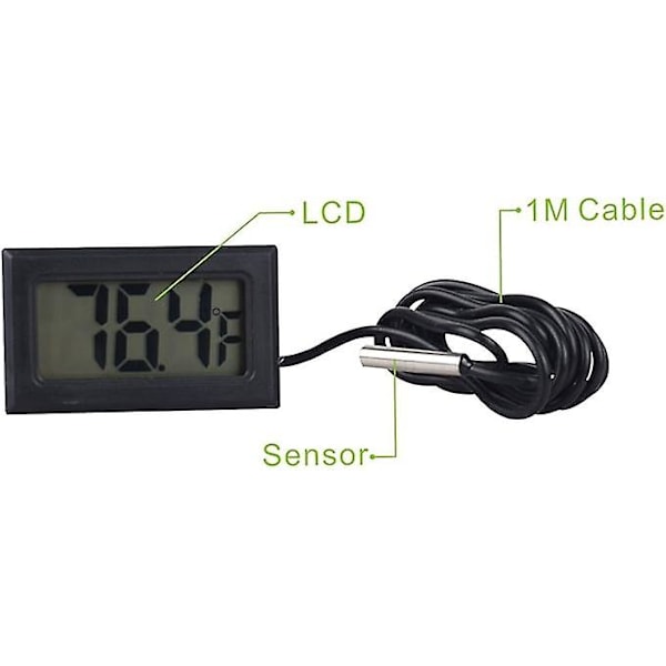 Digital LCD Termometer Temperaturmätare med Extern Sond för Kyl Frys Kylskåp Akvarium - Svart Batteri Ingår Ej