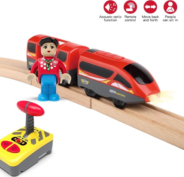 Motorized Train for Wooden Railway, Remote Control Train with Magnetic Coupling, for Toddlers, Compatible with Thomas, Brio, Red