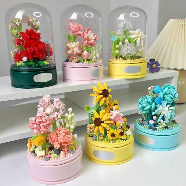 Blomster Musikkboks Byggesett, 522 stk. Blå Rose Blomst Botanisk Roterende Musikkboks Byggesett, Valentinsdag, Bursdagsgave
