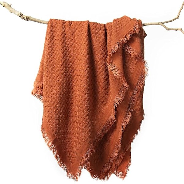Pläd för soffa - Mjuk Boho Jul, Mysig Höst Stickad Orange Våfflad T