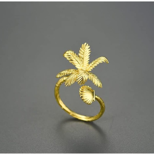 Justerbar ring, guldring med kokospalm och snäckor