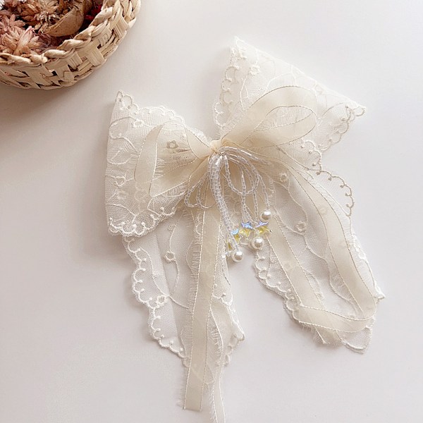 Ny retro fransk spetsrosett femstjärnig pärlförsedd tofsar söt superfe-rosett hårklämma hårprydnader huvudbonad Small flower ribbon