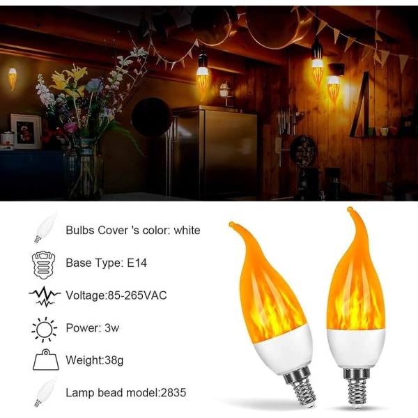 E14 LED Pære, 3 Watt LED Flammepære med 3 Lysindstillinger, 1800k Vintage Dekorative Pærer - 4-pak