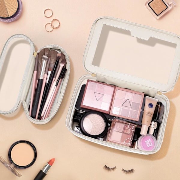 Klar Makeup Taske med Makeupbørste Taske, Læder Makeup Etui Toilettaske, Transparent Vandafvisende Kosmetik Organizer Opbevaringstaske til Kvinder, Off-White