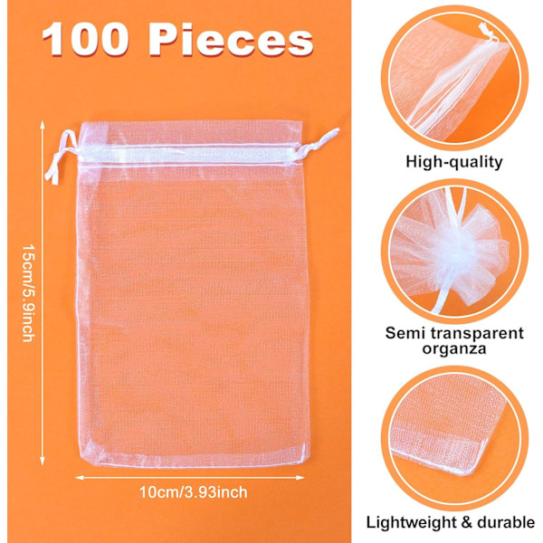 100 stk. Organzaposer, 10x15cm Hvite Organzaposer for Smykker, Gaveposer med Snøring, Tyllpose, for Bryllupsdekorasjoner Smykker{HH}