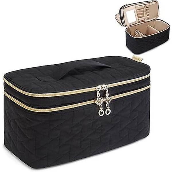 Stor Makeup Taske Organizer, Dobbelt Lag Rejse Kosmetiktaske med Akryl Spejl, Makeup Taske med Justerbare Rumdelere, Sort