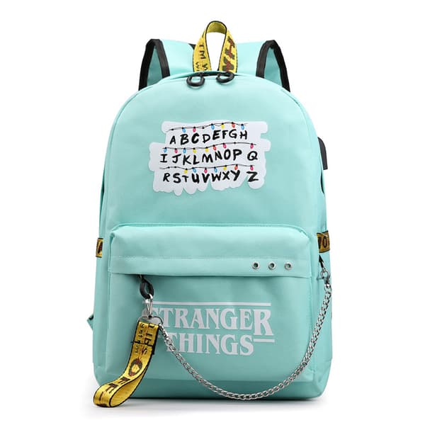 Stranger Things USB-laddningsryggsäck Skolväska Grön green