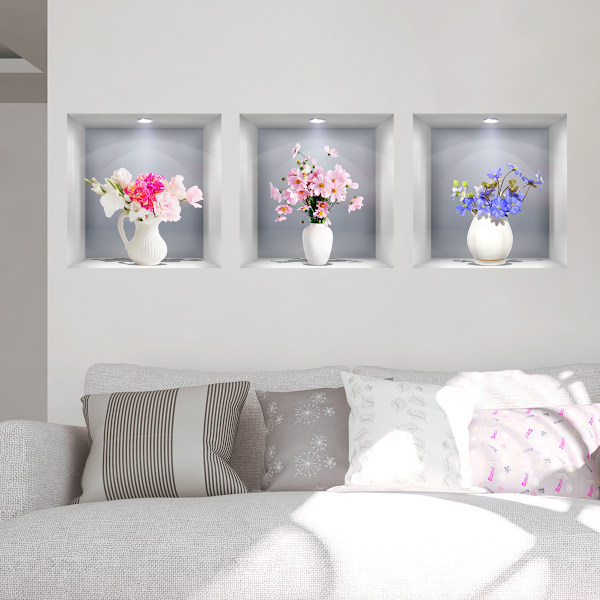 3D-effekt veggklistremerke blomster i vase veggdekorasjon