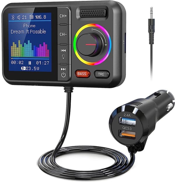 Bluetooth Bil FM-senderadapter V5.0 - Trådløs lydadapter med stort display - Håndfri opkald USB-oplader til bilradio