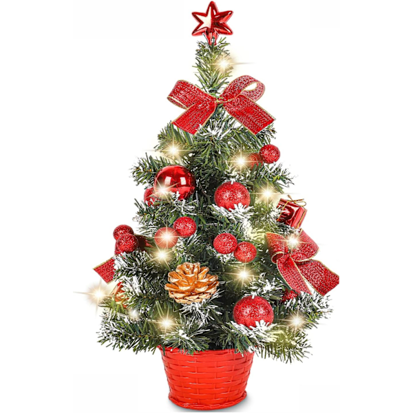 Mini Kunstig Juletre, Lite Juletre med LED-lys, Mini Bordplate Tredekorasjon for Kontor, Bar, 40cm (Rød)