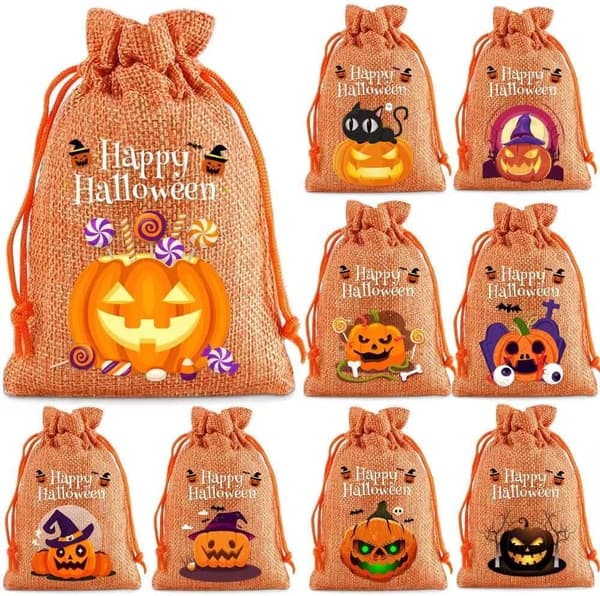 Halloween Pumpa Godisväskor 24-pack Orange Dragskoväskor Presentpåsar Jack O Lantern Design Hampa Jute Snacks Påsar 10x14cm