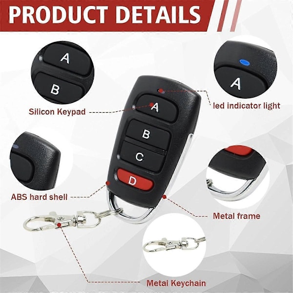 4-pack Universal Remote Controls Compatible with Garage Door, 433 MHz, Clone Remote Control Compatible with Gates and Garages, Handheld Transmitter