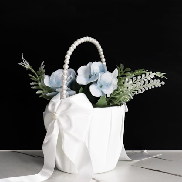 Blomsterpikekurver til bryllup, hvit blomsterkurv med perlehåndtak for blomsterpiker{hh]