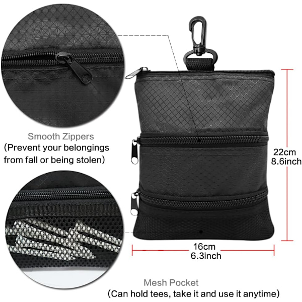 Golfbag Bollhållare Värdefull för Män Kvinnor, Golf Förvaring Dragkedja Handväska Ficka med Utrustningsklämma Krok för att Fästa Väska QD Black