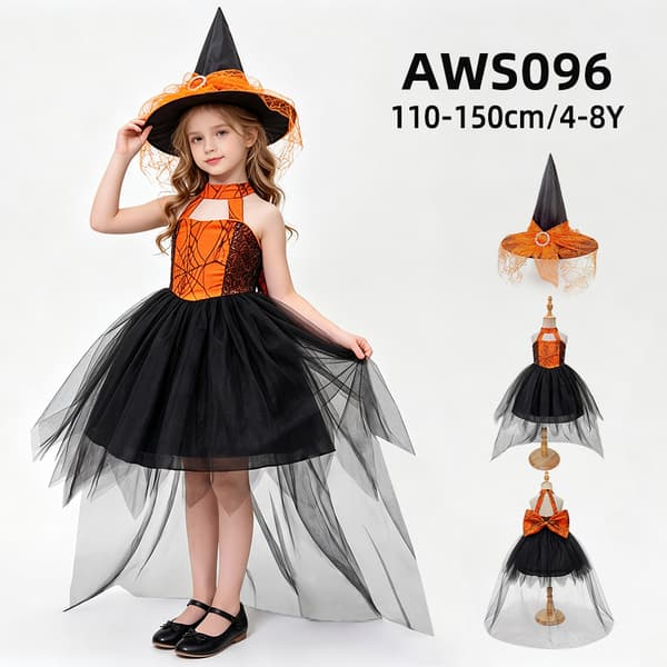 Blomstret Halloween Cosplay Kjole til Piger - Prinsessekostume til Feriefester WS085 - Orange - with Hat 140cm/7Y
