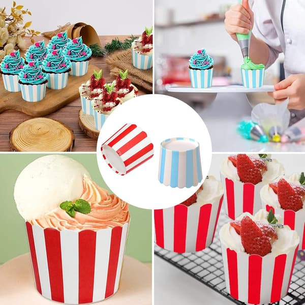 Røde og blå stribede papir muffinsforme 100 stk. bageforme til cupcakes, fester, bryllupper, festivaler, bagerier