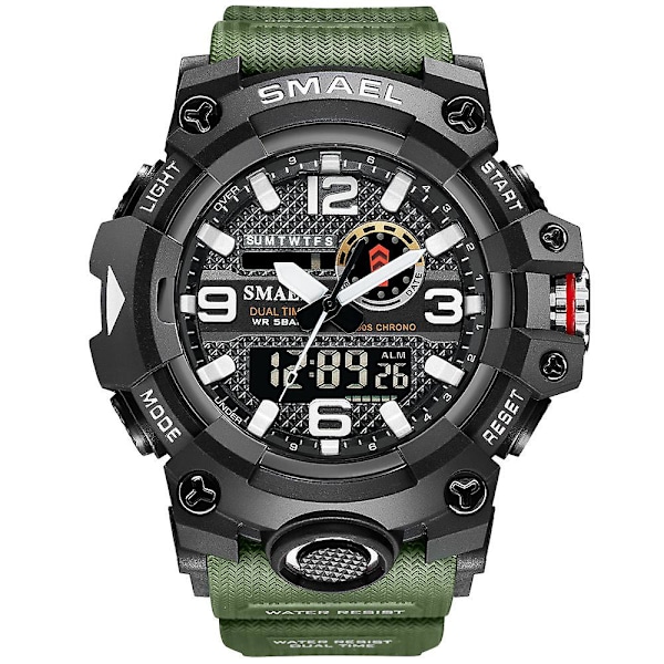 Smael Digital Herr Militärklocka Dubbel Tid Vattentät Lyx Toppklocka Herr Sport LED Kvarts Analog Armbandsur Herr ArmyGreen