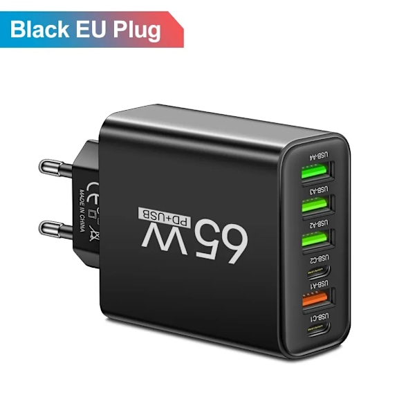 PD 65W USB-laddare Snabbladdare 6 Portar Typ C Mobilladdare För Iphone 16 15 Pro Max Xiaomi Huawei Samsung Snabbladdare{hh] Black EU