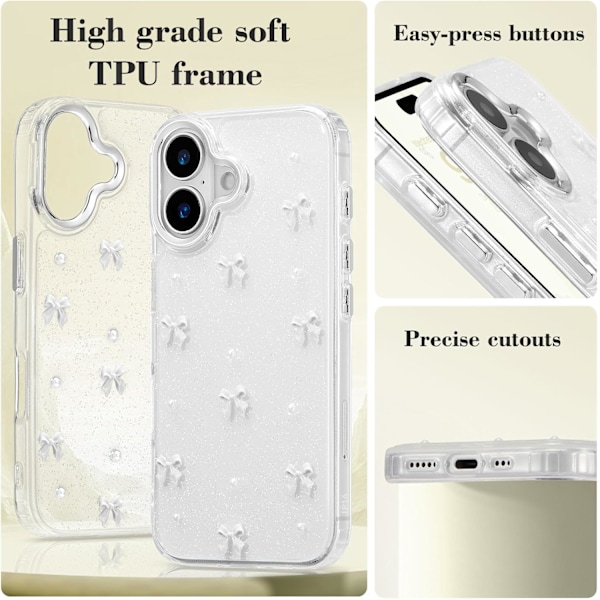 Compatible with iPhone 16 Plus, Bling Glitter 3D Bow Phone Case Cute Sparkly Crystal Clear Bow Slim Soft Durable Protective Case White Whit White iPhone 16 Plus