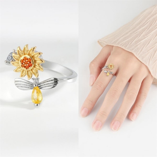 Justerbar antistressring med blomma och insekt silver/guld/guldfärgad