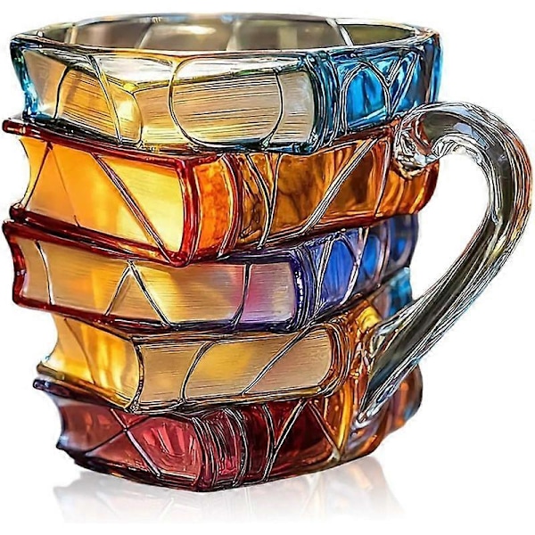 Målad bokmugg, handgjord färgad glasbok kaffemugg, nyhet unik färgglad ayl böcker stapelformad kaffekopp gåvor till bokälskare läsare
