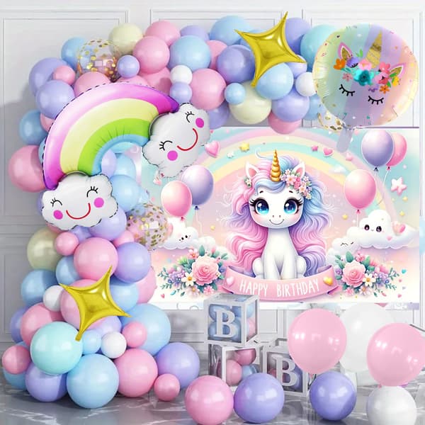 Enhjørning Regnbue Ballongsett med Bakgrunnsstoff til Bursdagsfest og Babyshower Style 2