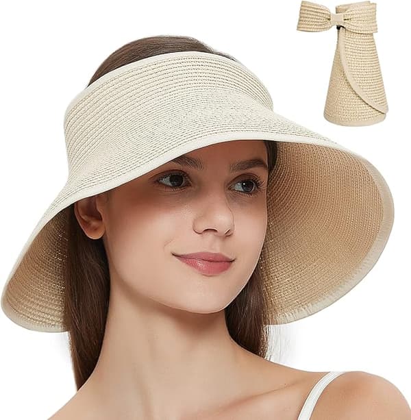 Sammenfoldelig stråsolhat med bred skygge til kvinder, sommerstrand, off-shoulder solbeskyttelse, beige