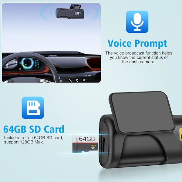 Dashcam, WiFi FHD 1080P Bilkamera för Bilar, Mini Bilkamera, Främre Dashcam med Gratis 64GB SD-kort, 160° Vidvinkel, Mörkerseende