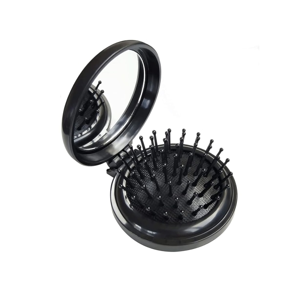 Bärbar hopfällbar hårborste med spegel - Mini rund kam för resor, Pocket Compact Massage