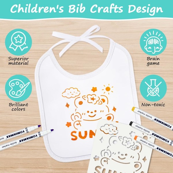 Baby hagesmæk hvid til at male på, 14 stk. personlige babyhagesmække, 14 stk. tekstiltusser med 8 stencils, malehagesmække til nyfødt babyshower pige dreng White