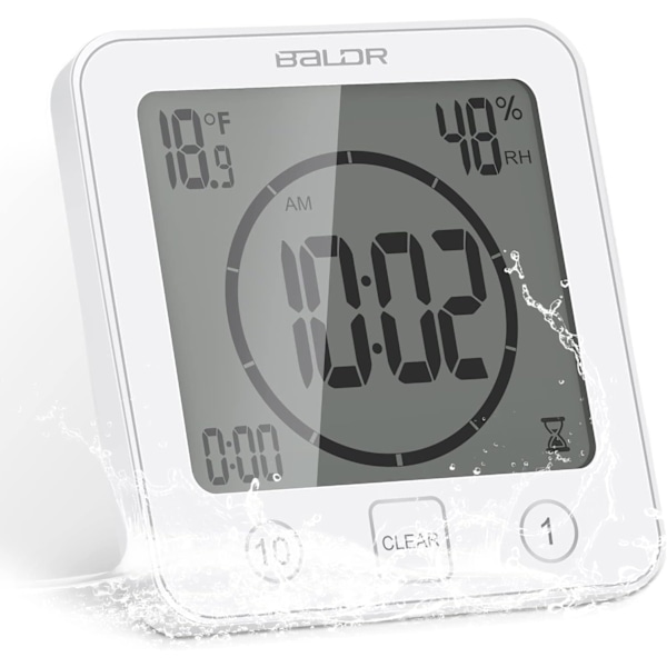 Shower Clock Waterproof, Digital Clock Timer with Alarm, Bathroom Clock with Suction Cup, Temperature Humidity Display, 3 Mounting Methods White