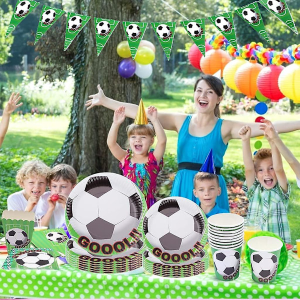 Fotbollskalas Tillbehör Set, Pojkars Födelsedagskalas Servis Inklusive Banner Papptallrikar Muggar Servetter Duk För Barn Vuxna Sporttema{hh}