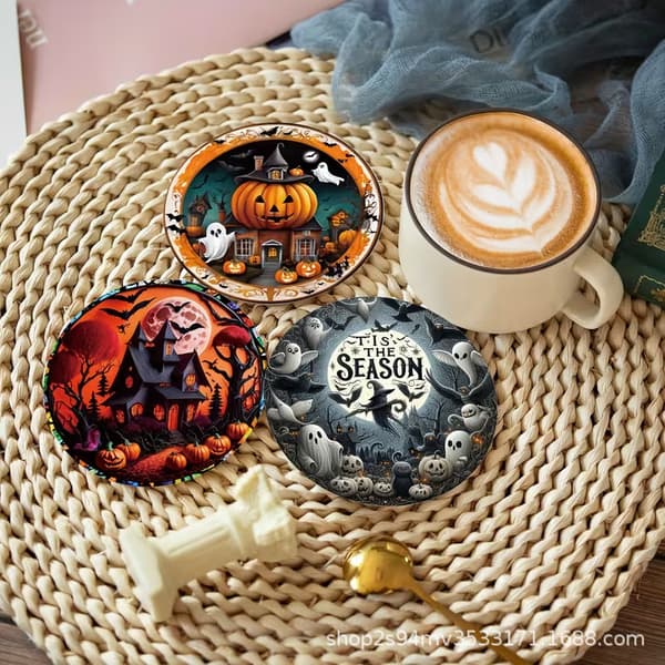 Halloween Træunderlag Sæt 8 Stykker Græskar Spøgelse Design til Hjemmekontor Indretning 8pcs