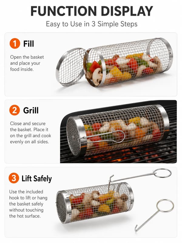 Grillkurv i rustfrit stål, Rullende grillbur med krog, 20 cm 20cm