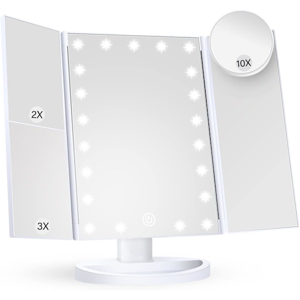 Sminkspegel Sminkbordsspegel med Ljus, 2X 3X 10X Förstoring, Touchkontroll, Tri-Fold Smink Spegel, Dubbel Strömförsörjning, Bärbar LED Smink Spegel