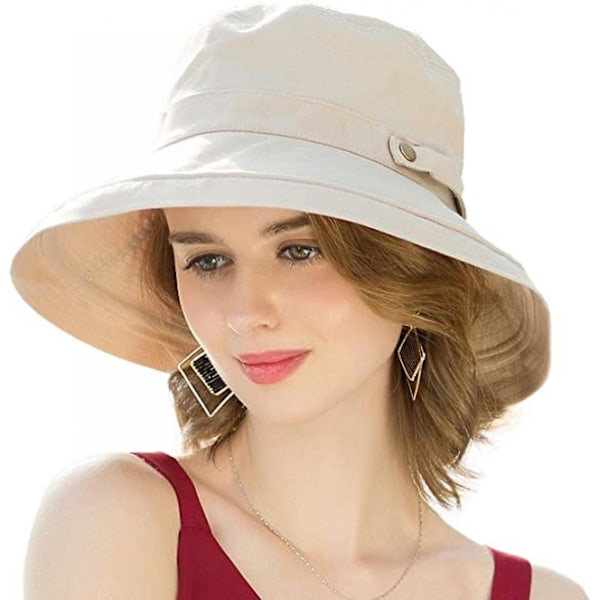 Bomuld Solhatte med Bred Skygge til Kvinder UPF50+ UV Pakkelig Strandhat Sommer Spandhat til Rejser, Beige