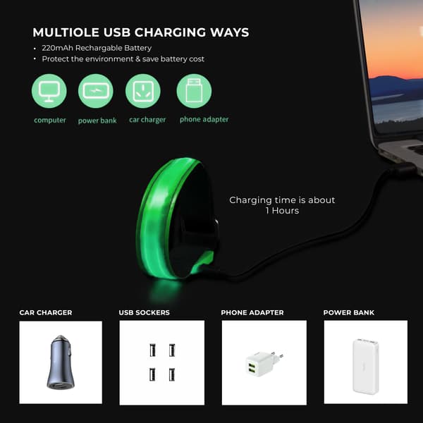 KZQ 2-pack Uppladdningsbart LED-armband – Löparljus med hög synlighet Grön