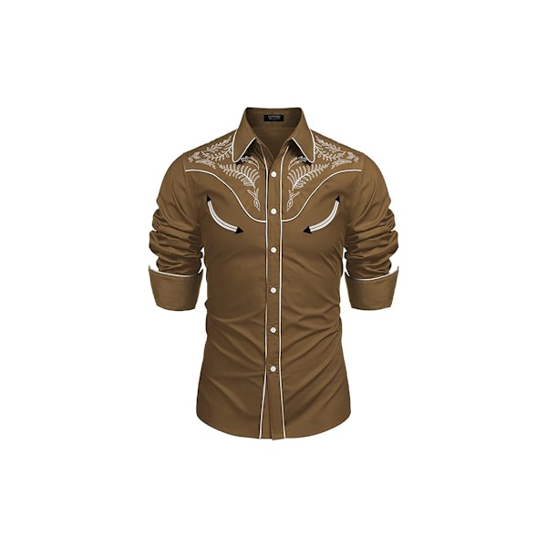 Cowboy skjorte for menn, avslappet langermet skjorte med knapper, brun{HH} brown M