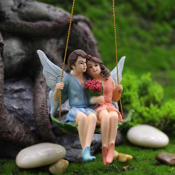 pc par miniature blomsterfe og gynge, fe have dekoration, par af fe figurer, fe have dekoration