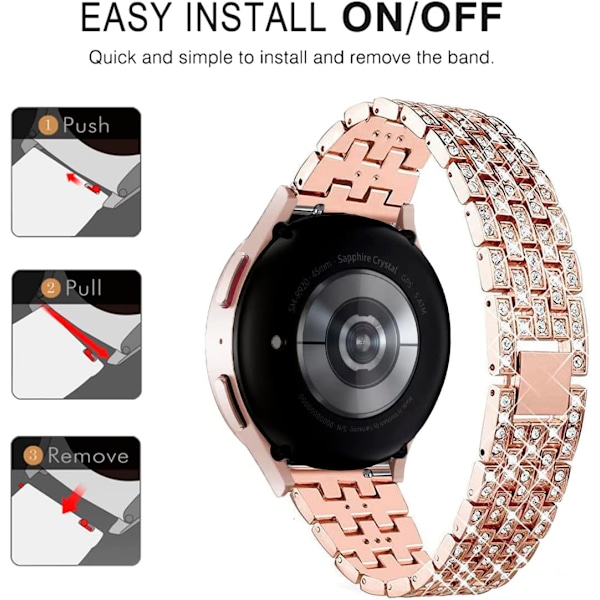 Rem til Samsung Galaxy Watch 7/6/5/4 20mm Bling Diamant Metal Udskiftningsrem til Kvinder og Mænd Rose gold