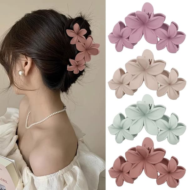 Store blomsterhårklemmer 4-pak, stærkt mat greb til tykt hår pastel color