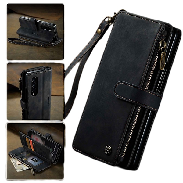 Etui til Samsung Galaxy Z Fold 4, Nytt Retro Lommeboketui med Kortspor, Multifunksjonelt Etui med Magnetisk Stativstropp og Glidelås