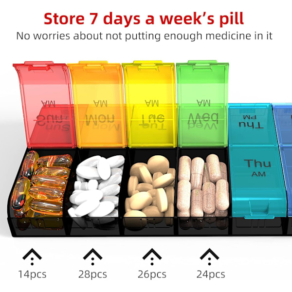 Extra Stor Pillerorganisatör 2 Gånger Om Dagen, Veckovis XL AM PM Pillerfodral, 7 Dagars Pillerbox Två Gånger Om Dagen (Regnbåge)