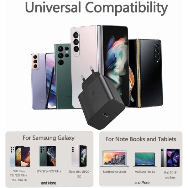 Hurtigoplader 45W til Samsung USB-C + 2M USB-C-kabel Sort