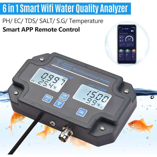 Wifi Digital vattenkvalitetstestare Väggmonterad 6 i 1 vattenanalysator PH/EC/TDS/SALT/S.G/Temperature