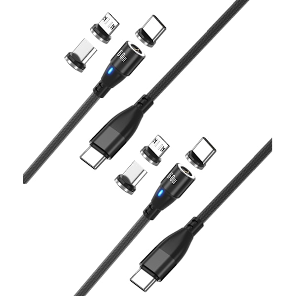 2-pack USB-C 3-i-1 Magnetisk Laddningskabel 60W Snabbladdning – Svart{HH}