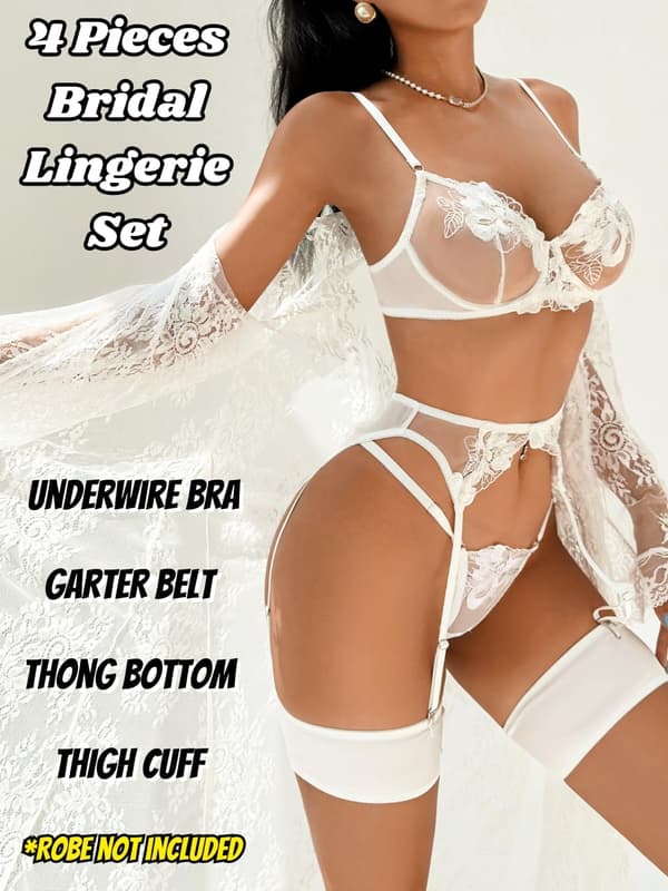Blomstrete Broderi, Bøyle, T-String, Strømpebånd, 4-Delt Undertøy Hvit White 2XL